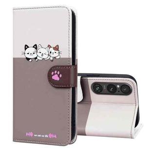For Sony Xperia 1 V Cute Pet Series Color Block Buckle Leather Phone Case(Pale Mauve)
