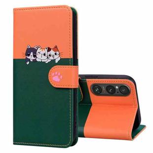 For Sony Xperia 1 V Cute Pet Series Color Block Buckle Leather Phone Case(Dark Green)