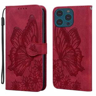 For iPhone 15 Pro Max Retro Skin Feel Butterflies Embossing Leather Phone Case(Red)