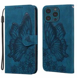 For iPhone 15 Pro Retro Skin Feel Butterflies Embossing Leather Phone Case(Blue)