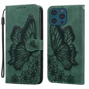 For iPhone 15 Pro Retro Skin Feel Butterflies Embossing Leather Phone Case(Green)