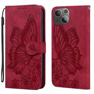 For iPhone 15 Plus Retro Skin Feel Butterflies Embossing Leather Phone Case(Red)