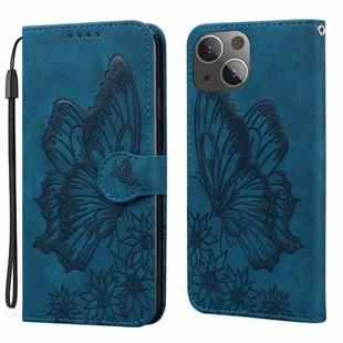 For iPhone 15 Plus Retro Skin Feel Butterflies Embossing Leather Phone Case(Blue)