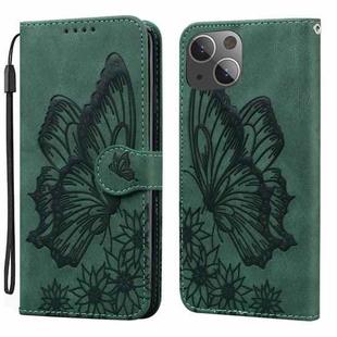 For iPhone 15 Plus Retro Skin Feel Butterflies Embossing Leather Phone Case(Green)
