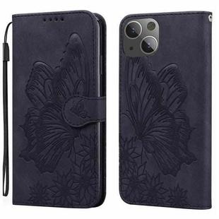For iPhone 15 Plus Retro Skin Feel Butterflies Embossing Leather Phone Case(Black)
