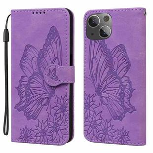 For iPhone 15 Plus Retro Skin Feel Butterflies Embossing Leather Phone Case(Purple)