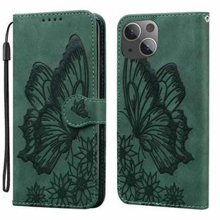 For iPhone 15 Retro Skin Feel Butterflies Embossing Leather Phone Case(Green)