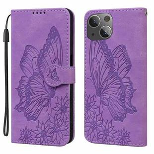 For iPhone 15 Retro Skin Feel Butterflies Embossing Leather Phone Case(Purple)