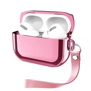 For AirPods Pro Electroplating TPU Solid Color Earphone Protective Case with Lanyard(Rose Pink)
