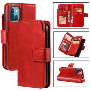 For iPhone 15 Tri-Fold 9-Card Wallets Leather Phone Case(Red)