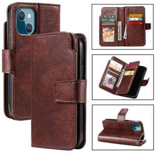 For iPhone 15 Plus Tri-Fold 9-Card Wallets Leather Phone Case(Brown)