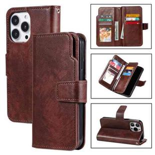 For iPhone 15 Pro Tri-Fold 9-Card Wallets Leather Phone Case(Brown)