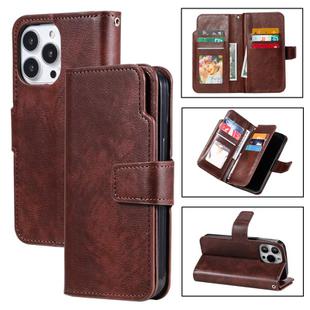 For iPhone 16 Pro Max Tri-Fold 9-Card Wallets Leather Phone Case(Brown)