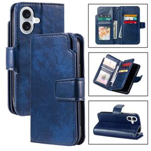 For iPhone 16 Plus Tri-Fold 9-Card Wallets Leather Phone Case(Blue)