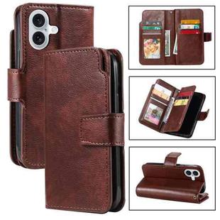 For iPhone 16 Tri-Fold 9-Card Wallets Leather Phone Case(Brown)