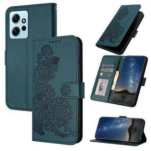 For Xiaomi Redmi Note 12 4G Global Datura Flower Embossed Flip Leather Phone Case(Dark Green)