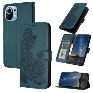 For Xiaomi Mi 11 Datura Flower Embossed Flip Leather Phone Case(Dark Green)