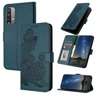 For Xiaomi Redmi Note 9 4G Datura Flower Embossed Flip Leather Phone Case(Dark Green)