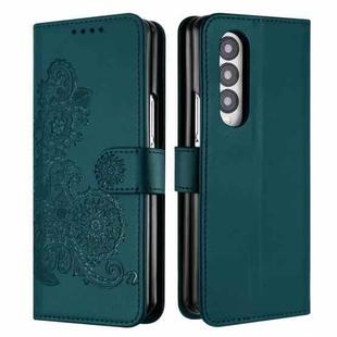 For Samsung Galaxy Z Fold4 5G Datura Flower Embossed Flip Leather Phone Case(Dark Green)