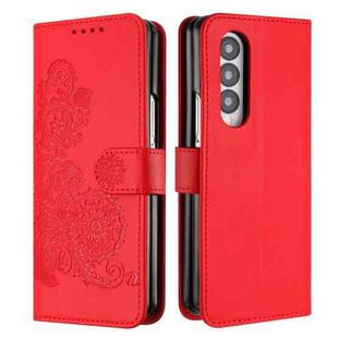 For Samsung Galaxy Z Fold4 5G Datura Flower Embossed Flip Leather Phone Case(Red)