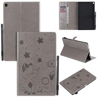 For Amazon Kindle Fire HD 10 (2015) / (2017)  Cat Bee Embossing Pattern Shockproof Table PC Protective Horizontal Flip Leather Case with Card Slots & Wallet & Pen Slot & Sleep / Wake-up Function(Grey)