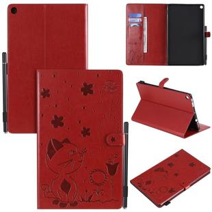 For Amazon Kindle Fire HD 10 (2015) / (2017)  Cat Bee Embossing Pattern Shockproof Table PC Protective Horizontal Flip Leather Case with Card Slots & Wallet & Pen Slot & Sleep / Wake-up Function(Red)