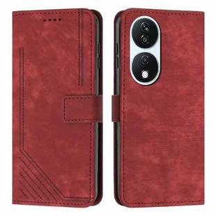 For Honor X7b Skin Feel Stripe Pattern Leather Phone Case with Lanyard(Red)