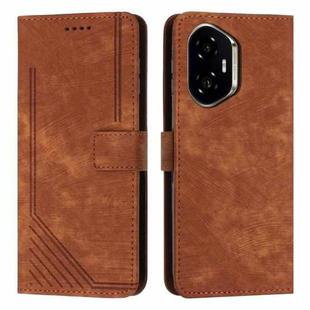 For Honor 300 Skin Feel Stripe Pattern Leather Phone Case with Lanyard(Brown)