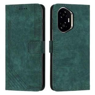 For Honor 300 Skin Feel Stripe Pattern Leather Phone Case with Lanyard(Green)