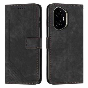 For Honor 300 Skin Feel Stripe Pattern Leather Phone Case with Lanyard(Black)