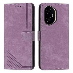 For Honor 300 Skin Feel Stripe Pattern Leather Phone Case with Lanyard(Purple)