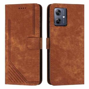 For Motorola Moto G54 Skin Feel Stripe Pattern Leather Phone Case with Lanyard(Brown)