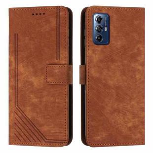 For Motorola Moto G Play 2024 Skin Feel Stripe Pattern Leather Phone Case with Lanyard(Brown)