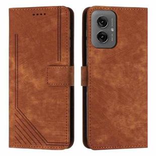 For Motorola Moto G55 Skin Feel Stripe Pattern Leather Phone Case with Lanyard(Brown)