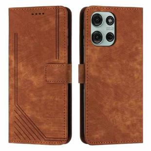 For Motorola Moto G75 Skin Feel Stripe Pattern Leather Phone Case with Lanyard(Brown)