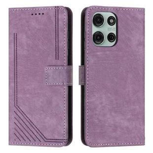 For Motorola Moto G75 Skin Feel Stripe Pattern Leather Phone Case with Lanyard(Purple)