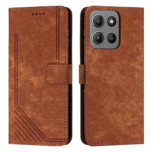 For Motorola Moto G15 Skin Feel Stripe Pattern Leather Phone Case with Lanyard(Brown)