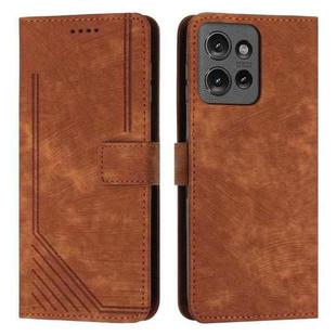 For Motorola Moto G 5G 2025 Skin Feel Stripe Pattern Leather Phone Case with Lanyard(Brown)