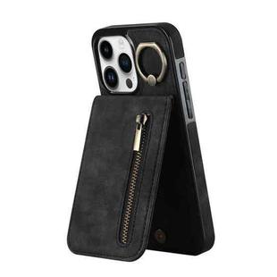 For iPhone 15 Pro Max Retro Ring and Zipper RFID Card Slot Phone Case(Black)