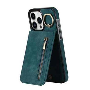 For iPhone 15 Pro Max Retro Ring and Zipper RFID Card Slot Phone Case(Blue)