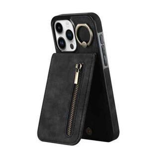 For iPhone 15 Pro Retro Ring and Zipper RFID Card Slot Phone Case(Black)