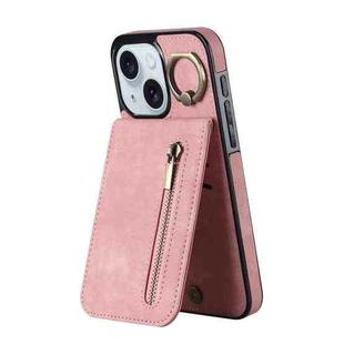 For iPhone 15 Plus Retro Ring and Zipper RFID Card Slot Phone Case(Pink)