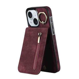 For iPhone 15 Plus Retro Ring and Zipper RFID Card Slot Phone Case(Wine Red)