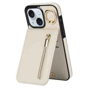 For iPhone 15 Plus Retro Ring and Zipper RFID Card Slot Phone Case(White)