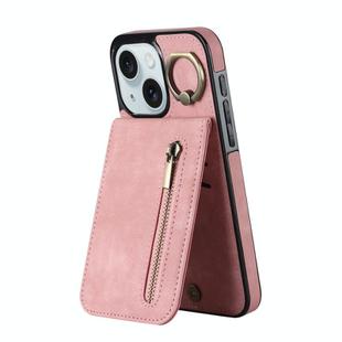 For iPhone 15 Retro Ring and Zipper RFID Card Slot Phone Case(Pink)