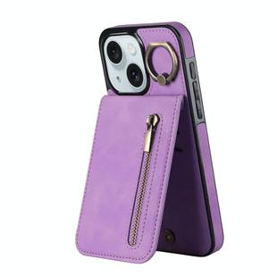 For iPhone 15 Retro Ring and Zipper RFID Card Slot Phone Case(Purple)