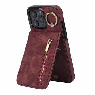 For iPhone 16 Pro Max Retro Ring and Zipper RFID Card Slot Phone Case(Wine Red)