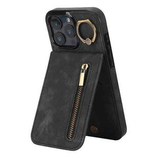 For iPhone 16 Pro Retro Ring and Zipper RFID Card Slot Phone Case(Black)