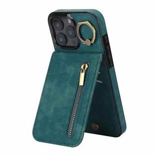 For iPhone 16 Pro Retro Ring and Zipper RFID Card Slot Phone Case(Blue)