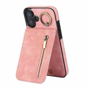 For iPhone 16 Plus Retro Ring and Zipper RFID Card Slot Phone Case(Pink)